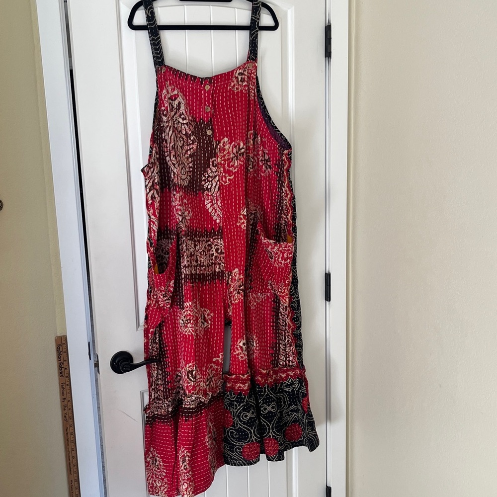 JOPLIN JUMPSUIT Kantha Ruffle Pockets Adjustable Straps Black Red
